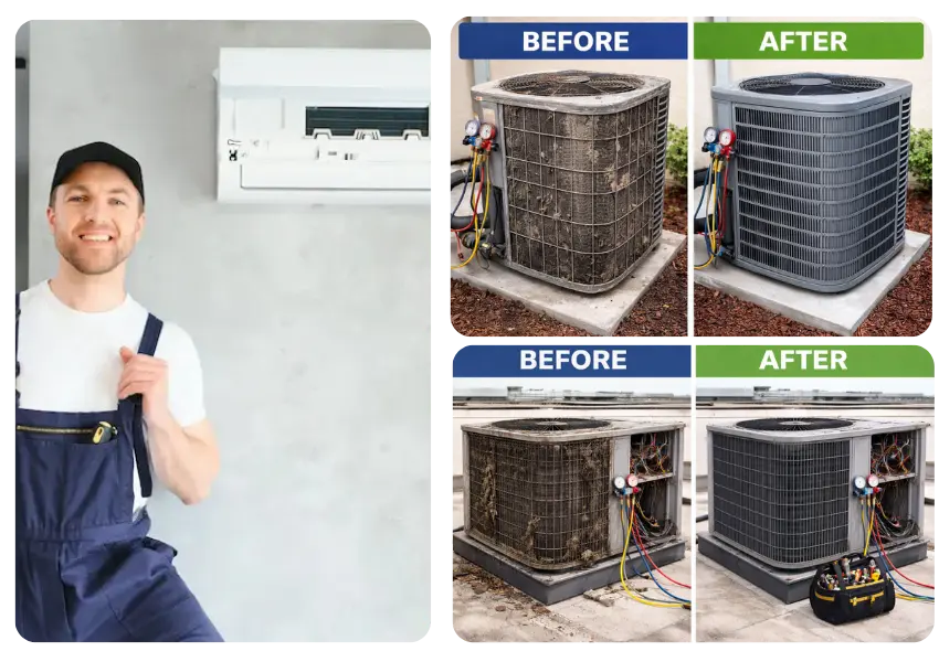 AC repair 6 Mechanic Showing AC and HVAC before and after repairing