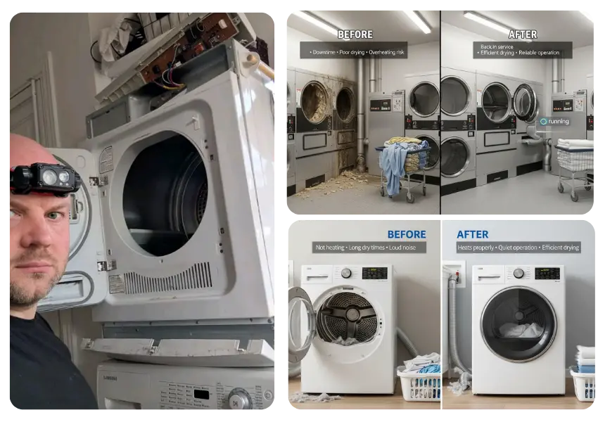 Home and commercial dryers before and after images displayed