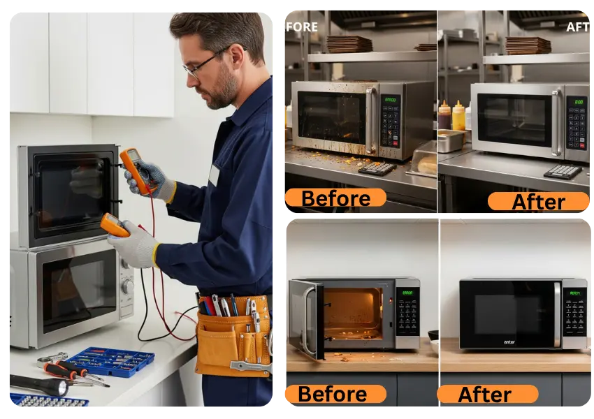 Before and After Images of microwave ovens repaired by our professional team