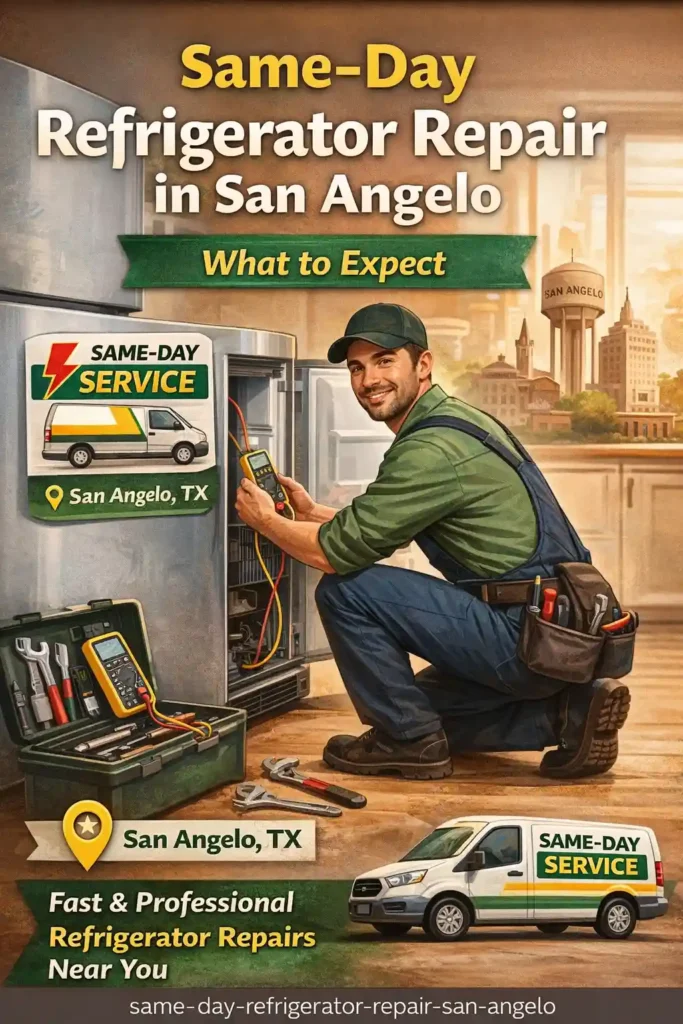 Technician providing same-day refrigerator repair service in San Angelo, TX, fixing a fridge with professional tools and service van nearby.